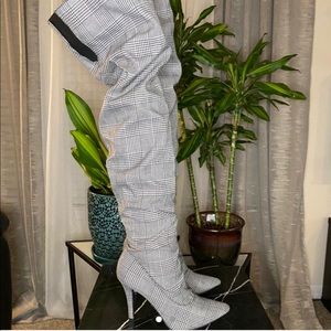 Houndstooth thigh high boots